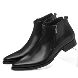 Large Size EUR46 Black Mens Ankle Boots Dress Shoes Genuine Leather Pointed Toe Man Business Shoes