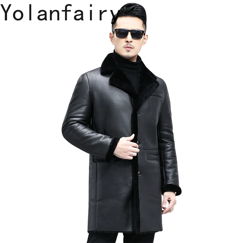 

YOLANFAIRY Real Wool Fur Coat Man Genuine Sheepskin Leather Jacket Men Winter Mid-length Warm Natural Mens Fur Coats Suit Collar