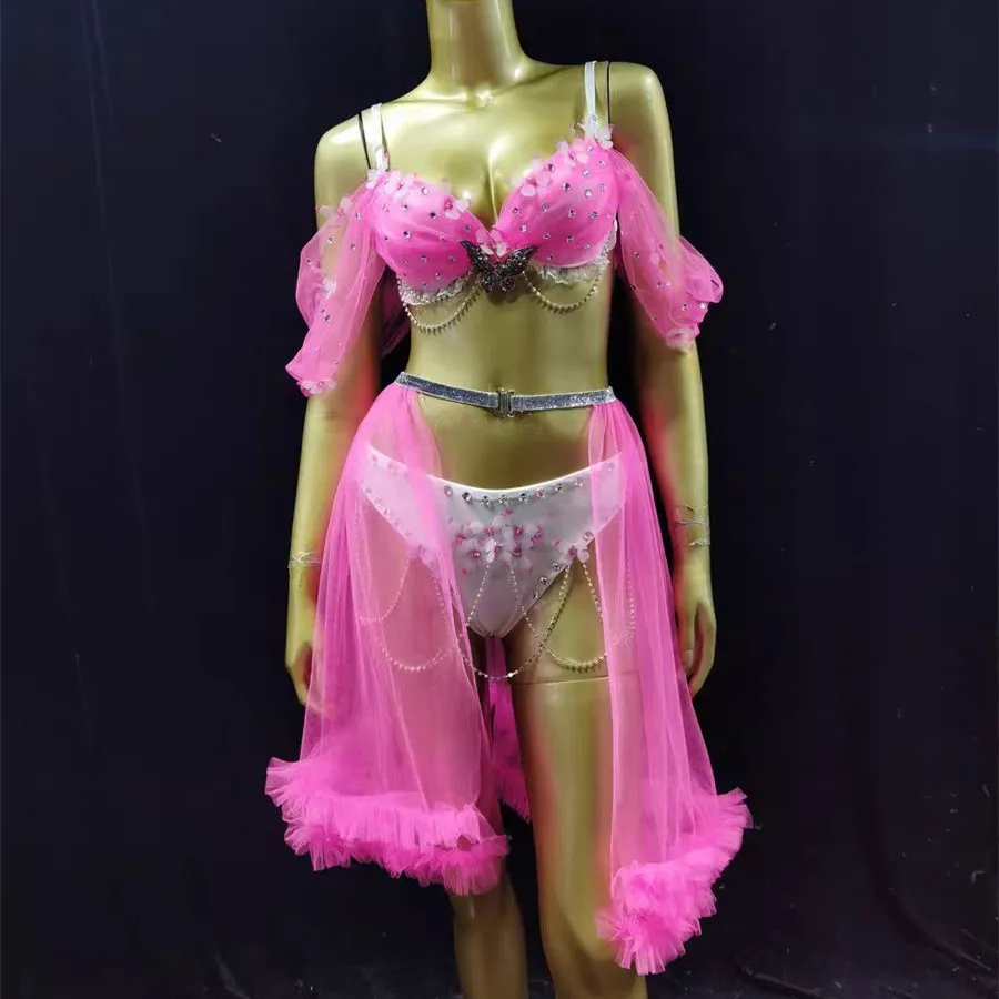 Bar Nightclub Sexy Performance Costume Pink Blue Rhinestones Bikini Mesh Skirt Dance Outfits Carnival Party Show Rave Stage Wear