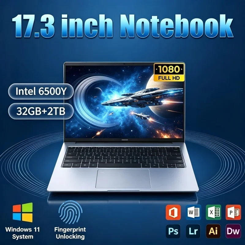 17.3 Inch Office & Entertainment Laptop Windows 11 Intel 6500Y 32GB RAM 2TB SSD Fingerprint Recognition Notebook