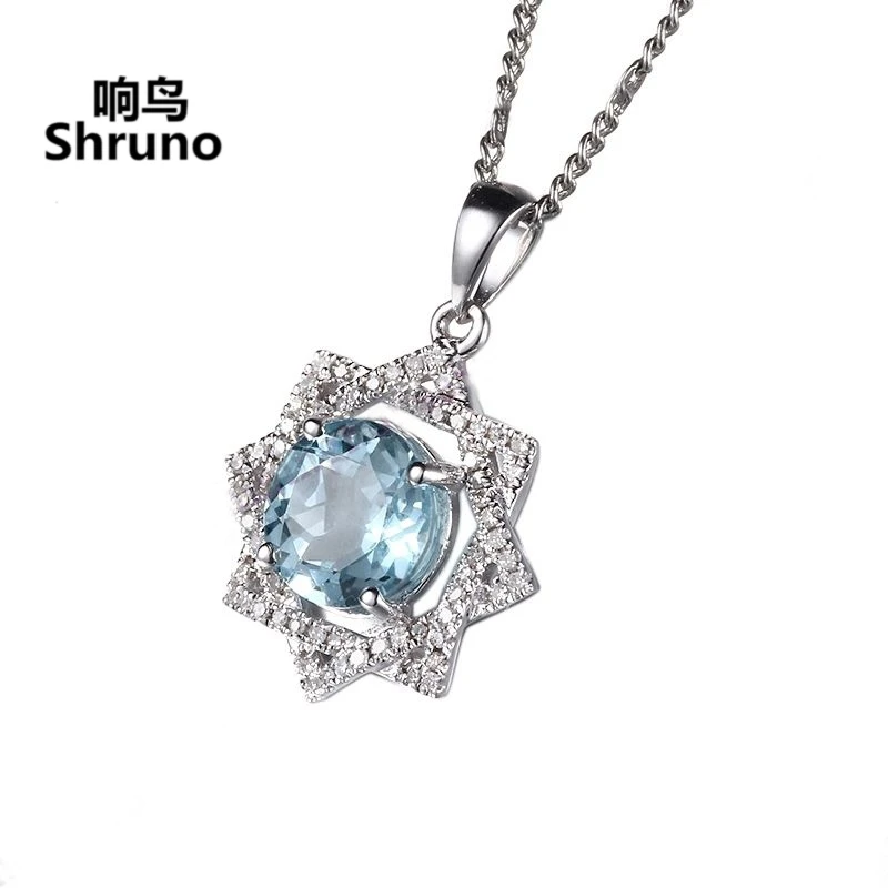 Shruno Solid 14k AU585 White Gold Diamonds Pendant Round 8mm Sky Blue Topaz Cocktail Engagement Wedding Women Gemstone Jewelry