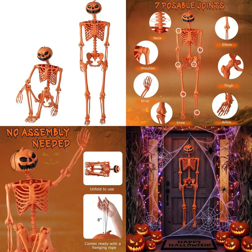 

Halloween Orange Skeleton Decoration, 5.2 Ft Tall Posable with Pumpkin Head, 7 Moving Joints, Suitable for Indoor and Outdoor Us