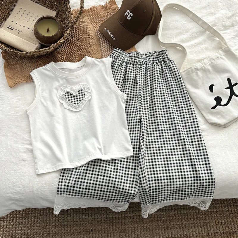 

Girls' pure cotton lace set, children's casual tank top, wide-leg pants, skirt-pants, girls' vacation trendy summer style for ol
