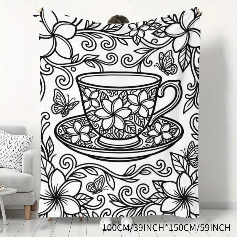 This Flannel Printed Blanket Features a Trendy Fill-In Stress Relief Hand-Drawn Style Design, Centered Around Exquisite Retro Fl