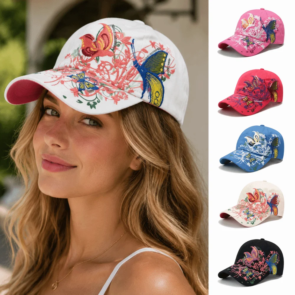 Casquette de baseball ajustable brodée en coton respirant, protection solaire UV, visière incurvée, broderie florale papillon