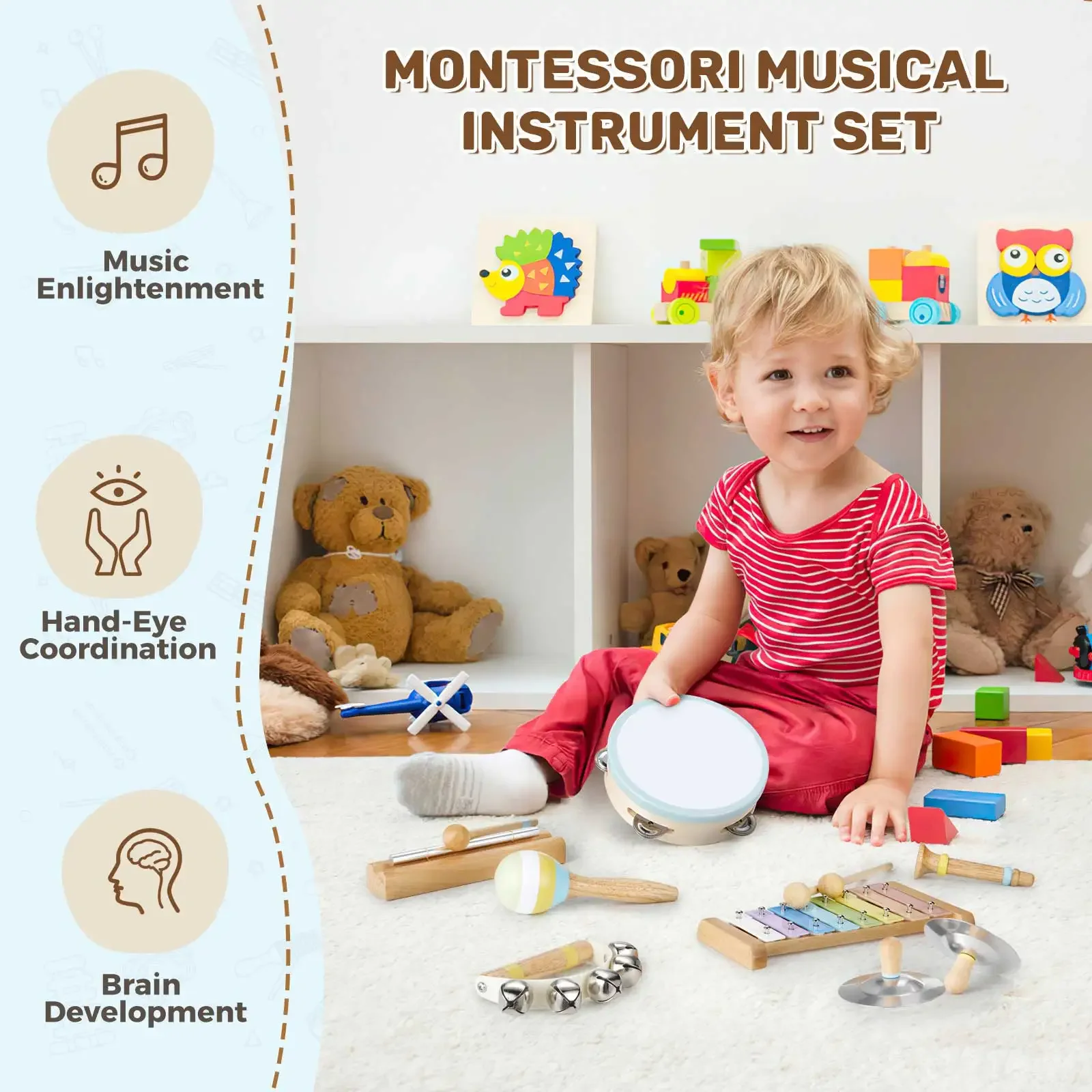 Pogolab-Ensemble d'instruments de musique en bois pour bébé, jouets pour enfants, Montessori, PerSCH, Lomt, Maraca, Xylophone