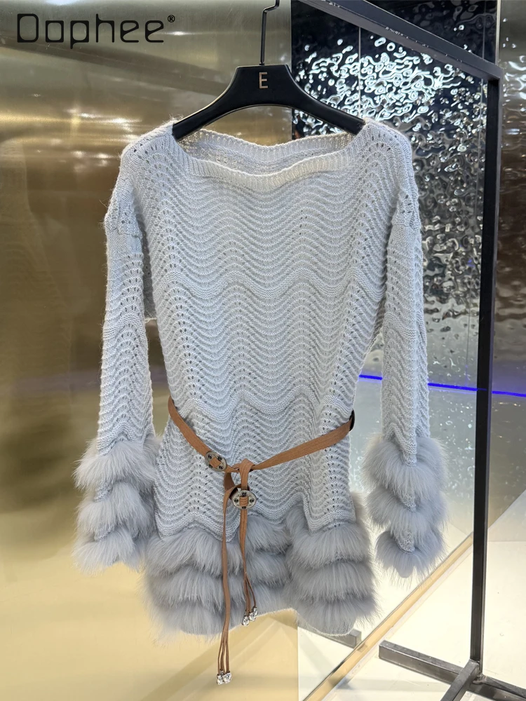 เสื้อไหมพรมแขนยาวปี 2025 แบบเปิดไหล่ แต่งขนฟ็อกซ์แท้ ตัดต่อผ้า ทรงเข้ารูป เซ็กซี่ ทันสมัย โอเวอร์ไซส์ สำหรับผู้หญิง