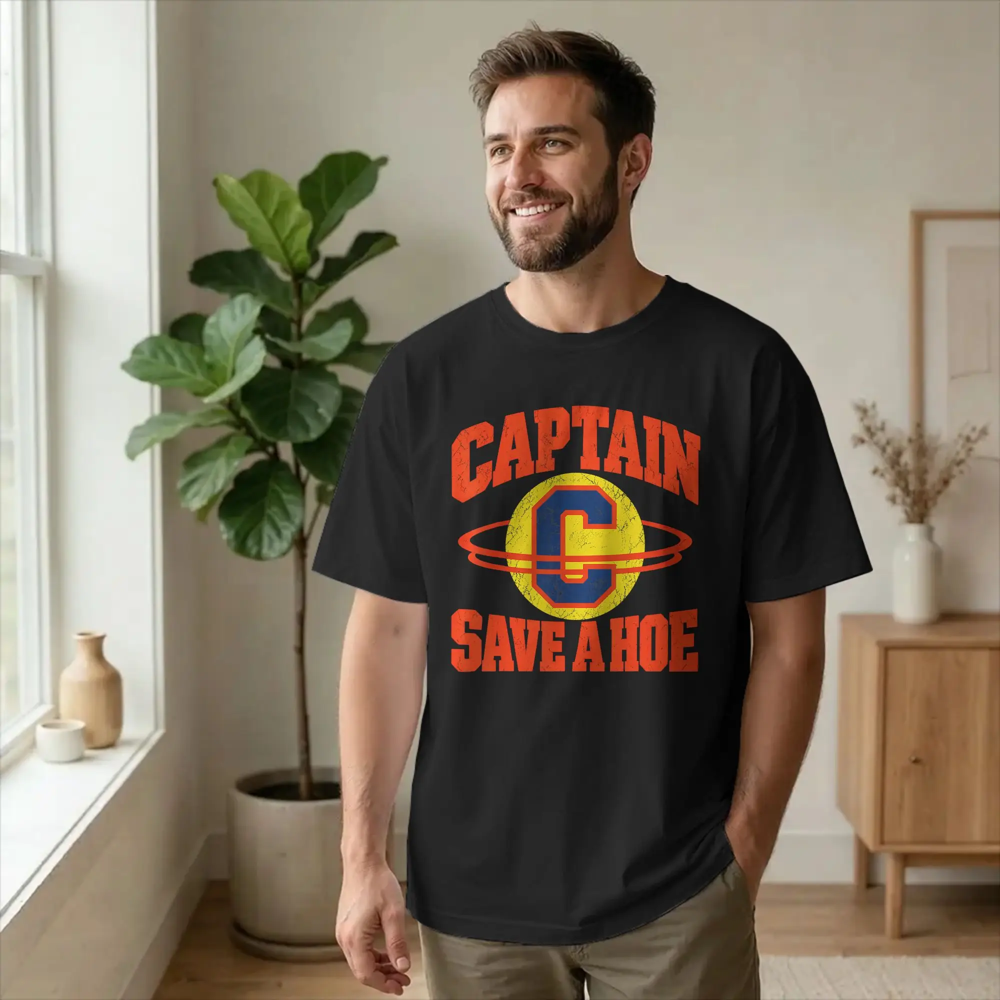 Men's Captain Save a Hoe Costume T Shirt Funny Halloween 100% Cotton Tops Funny Short Sleeve Crew Neck Tee Birthday T-Shirt