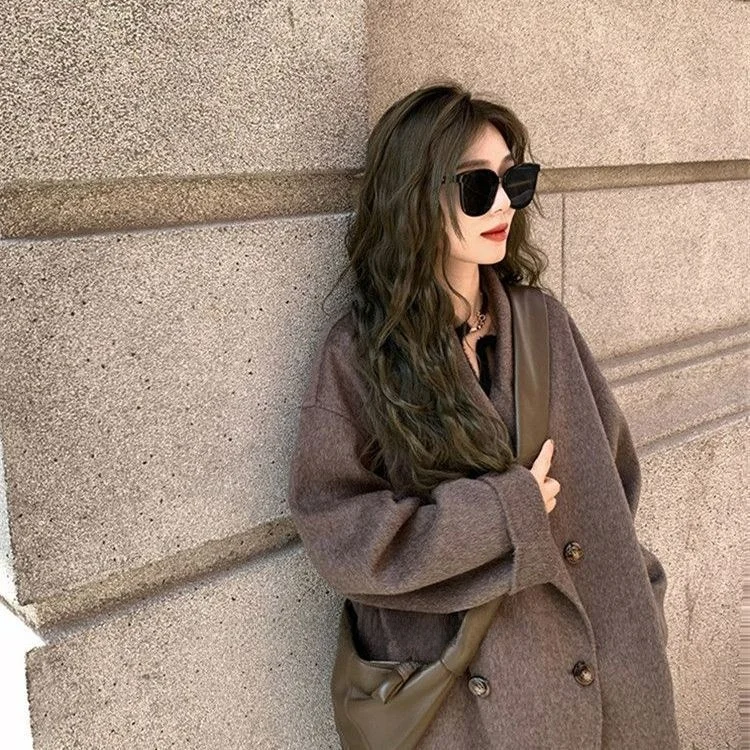 Dámský vlněný kabát v barvě plus size, moka coffee, nový, korejský styl, vysokoškolský styl, malá velikost, svrchní oblečení - náhled 5