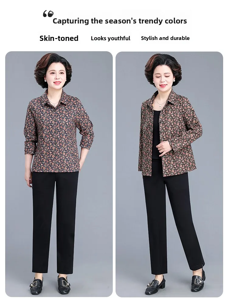 

Rn Faion Floral Print ort Jaet Turn-down Collar Spring Autumn Sle for Middle-aged And ly Women Casual Loose Fit