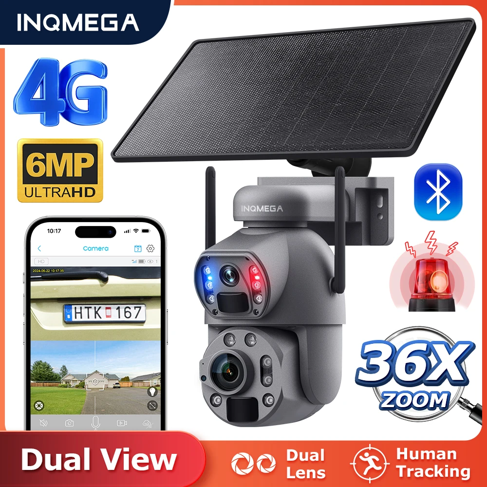 

INQMEGA Metal Dual Lens Solar Camera 4G SIM 6MP 36X ZOOM 360° WIFI Battery Security Cameras PIR Humanoid Tracking Night Vision