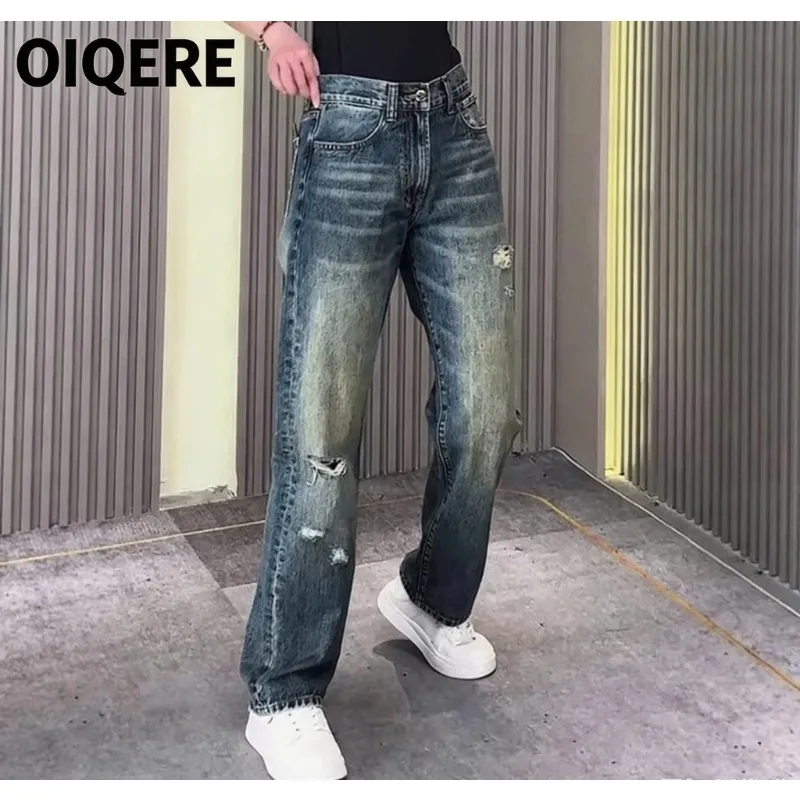 OIQERE Men Edgy High Street Ripped Distressed Jeans Loose Straight Leg Slimming Casual Long Denim Pants