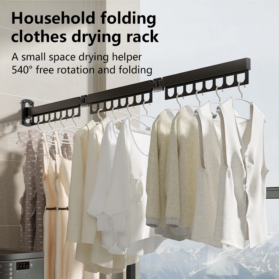 Aluminum Alloy Folding Drying Rack with Hooks Wall Mount Space-Saving Clothes Hanger for Balcony Laundry Room Bathroom Metal