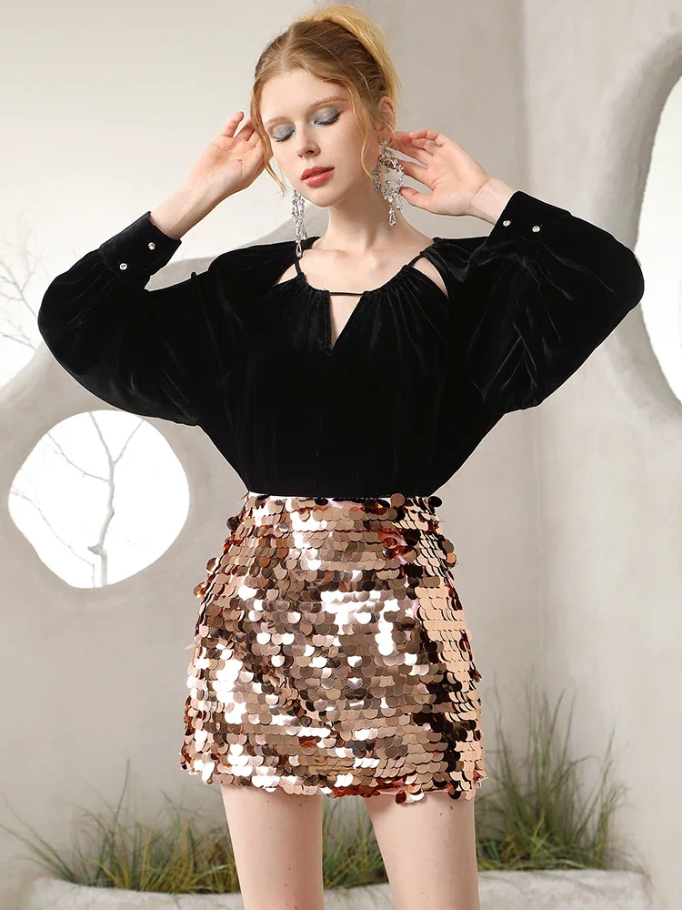 Street Heavy Technology Big Sequins Skirt 2023 Autumn and Winter New Fashion Champagne High Waist A- Line Mini Skirt for Women