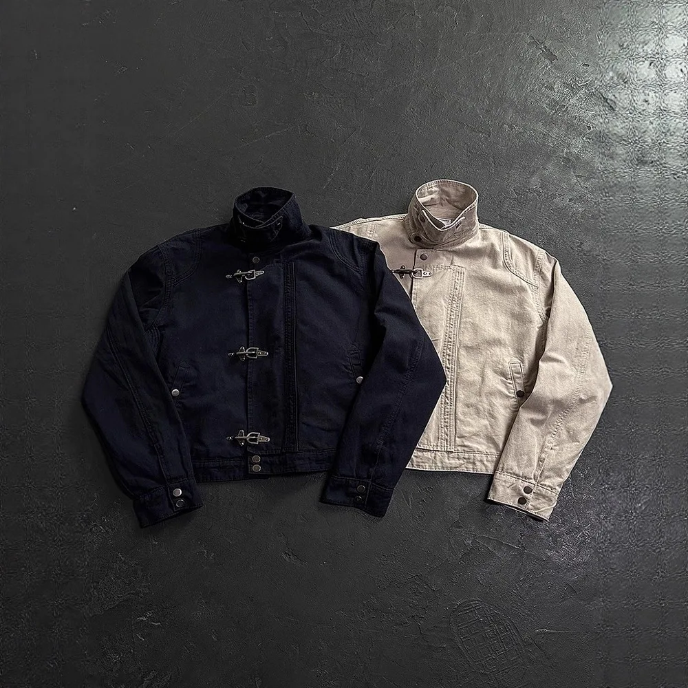 

2026 New Autumn Winter CleanFit Casual Retro Workwear Jacket For Men Women, Lobster Buckle Short Cut American Stand Collar Coat