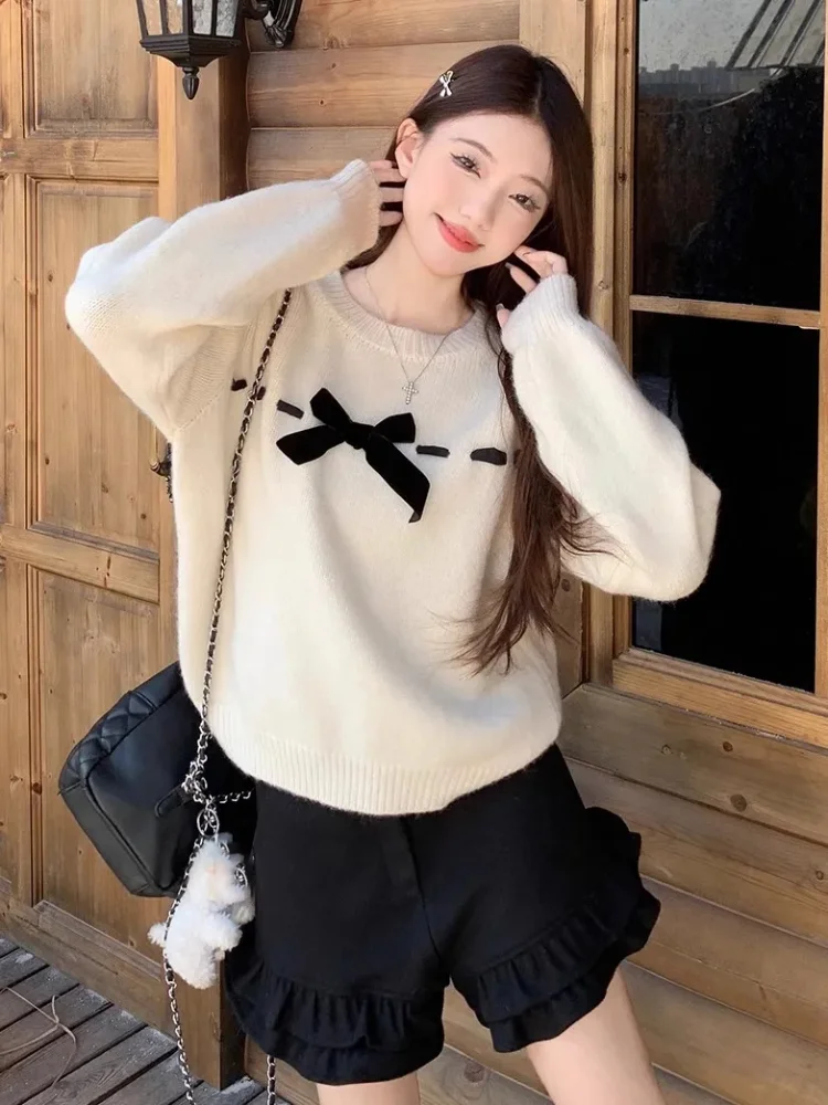 Sweet Velvet Bow Y2k Sweater Women Autumn Winter O Neck Loose Long Sleeve Pullover Korean Simple Versatile Tops Jumper