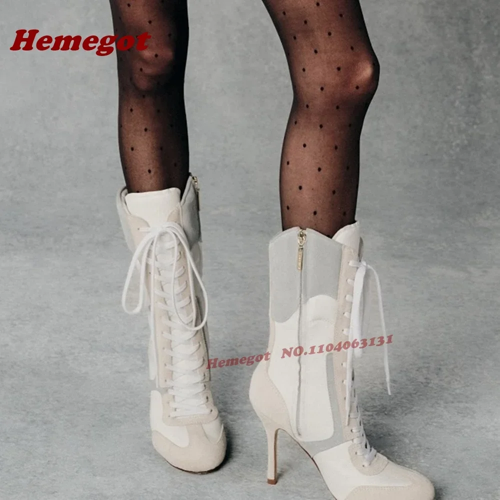 

Patchwork Suede Mid-Calf Boots Round Toe Mixed-Color Cross Tied Lace-Up Women's Boots Stiletto Heels Ankle Booties Newest 2026