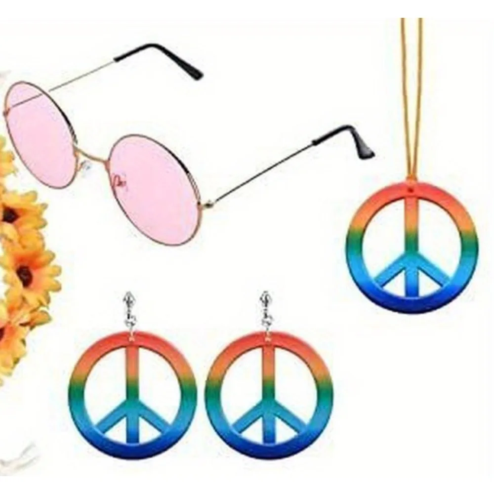 مجموعة إكسسوارات أزياء الهيبي للنساء ، غطاء الرأس ، القرط ، القلادة ، النظارات ، 7 من صوف الهيبي