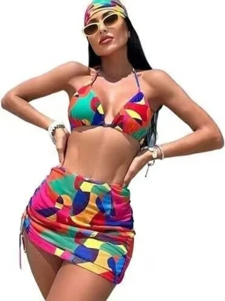 Sexy Matching 4-Piece Bikini Set with Headscarf & Cover Up 2026 Vibrant Tropical Print High Waisted Beach Swimsuit Boho Swimsuit