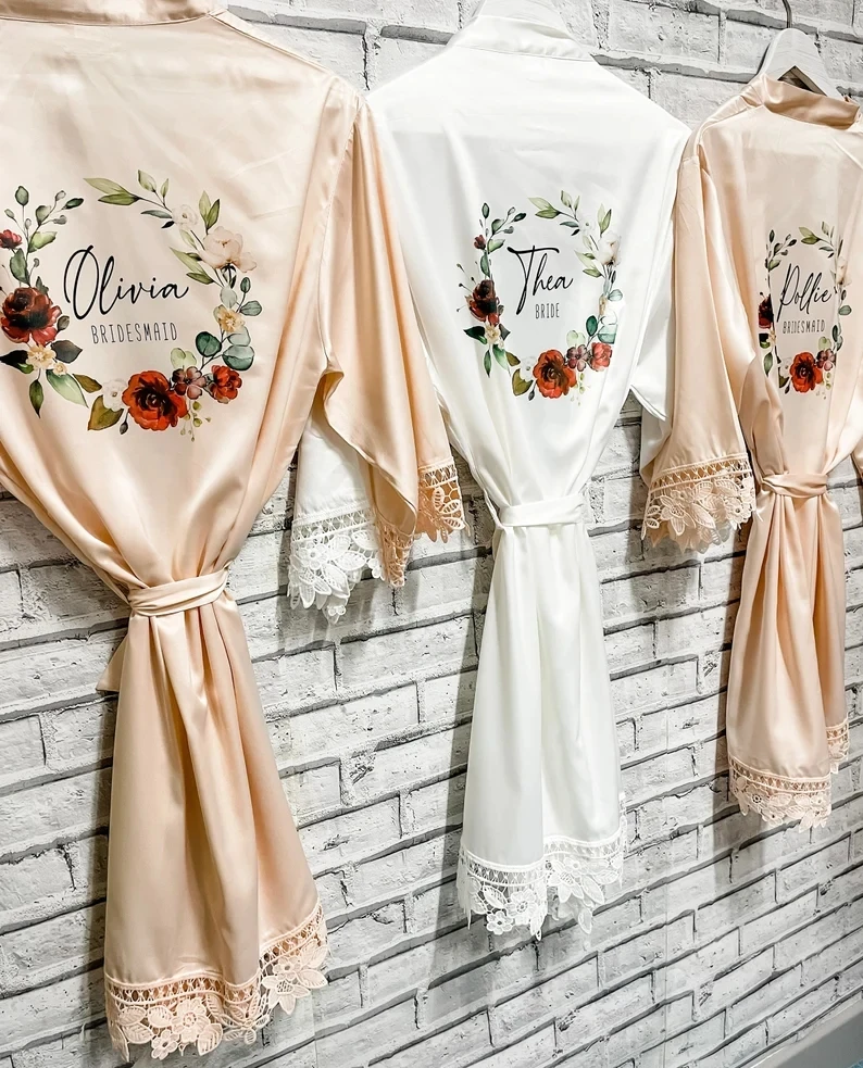 Personalised Floral Satin Lace Bridesmaid Robes Customized Sage Wedding Gown Dessing Sage Wedding Gown Bridal Party Team Gifts