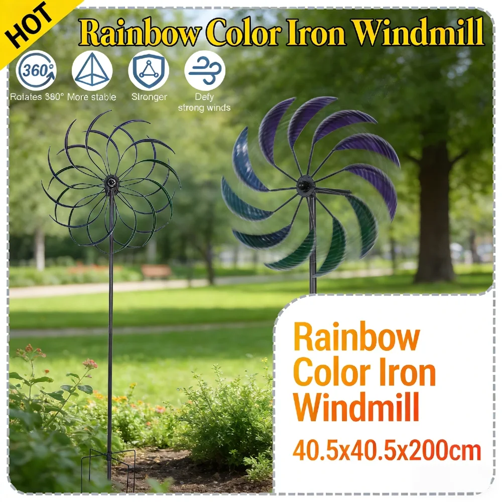 

Сверхмощная радужная двухслойная железная ветряная мельница 78 дюймов, регулируемая высота, безопасные тусклые края, аксессуар для украшения двора на открытом воздухе