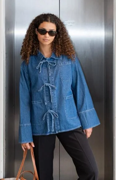 2024 Fashion Women Denim Shirts Solid Color Tie-Up Front Long Sleeve Jean Blouses Spring Fall Casual Tops Streetwear