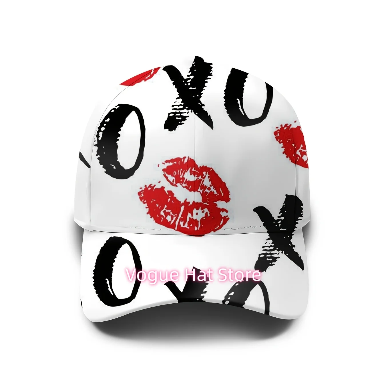 Unisex Red Lips XO & Couple's Kissing Print Baseball Cap - Adjustable Snapback, Full-Body Lip & XO Symbol Design, Bend Brim Sun
