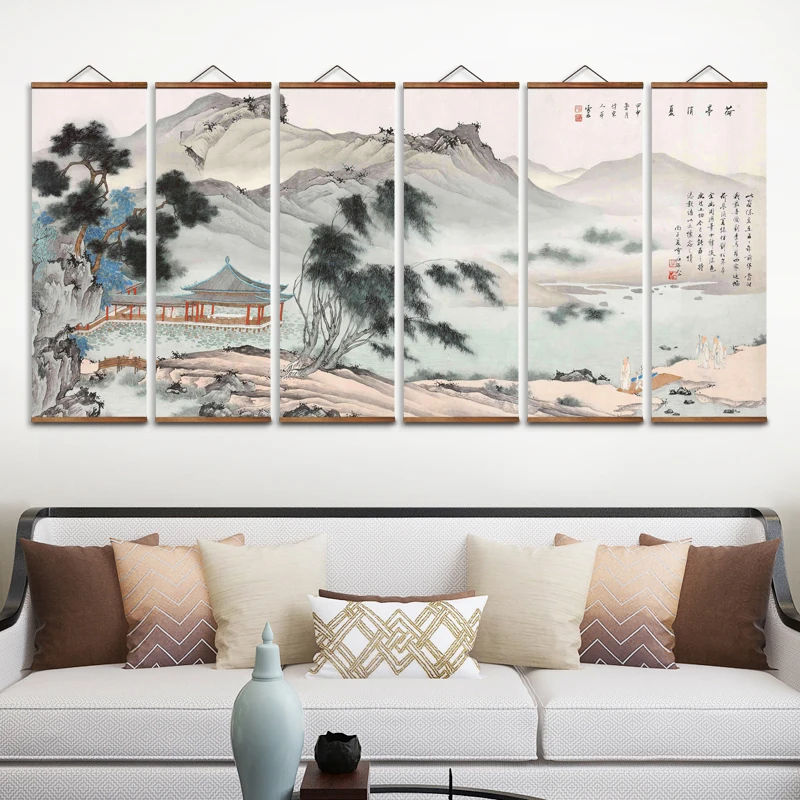 AS2045 Chinese Lotus Pavilion Summer Landscape Decorative Wall Art Canvas Posters Solid Wood Scroll Paintings