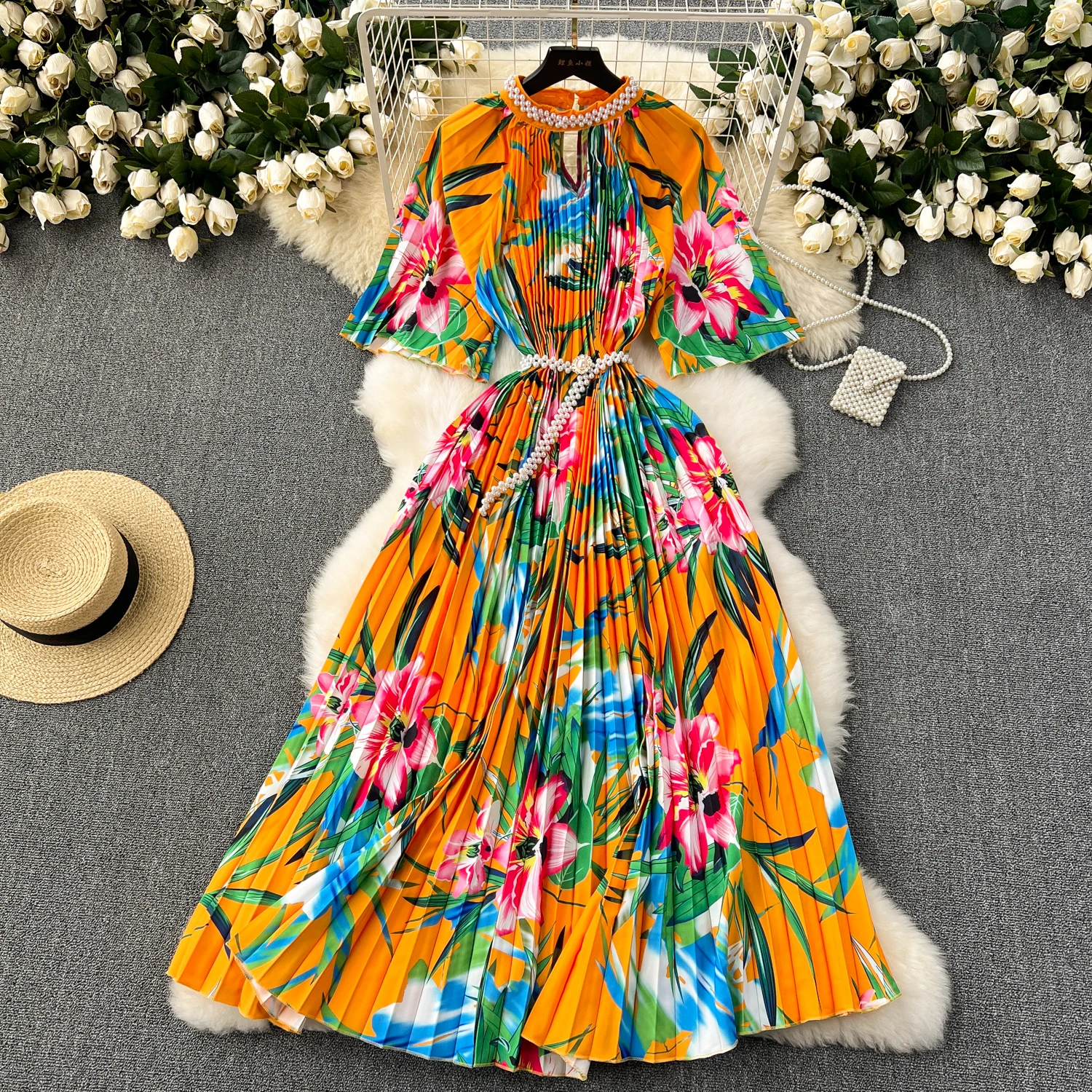 

Vintage Print Elegant Pleated Puff Short Sleeve A-line O Neck Loose Dress Casual Women Fashion Summer Spring Dresses