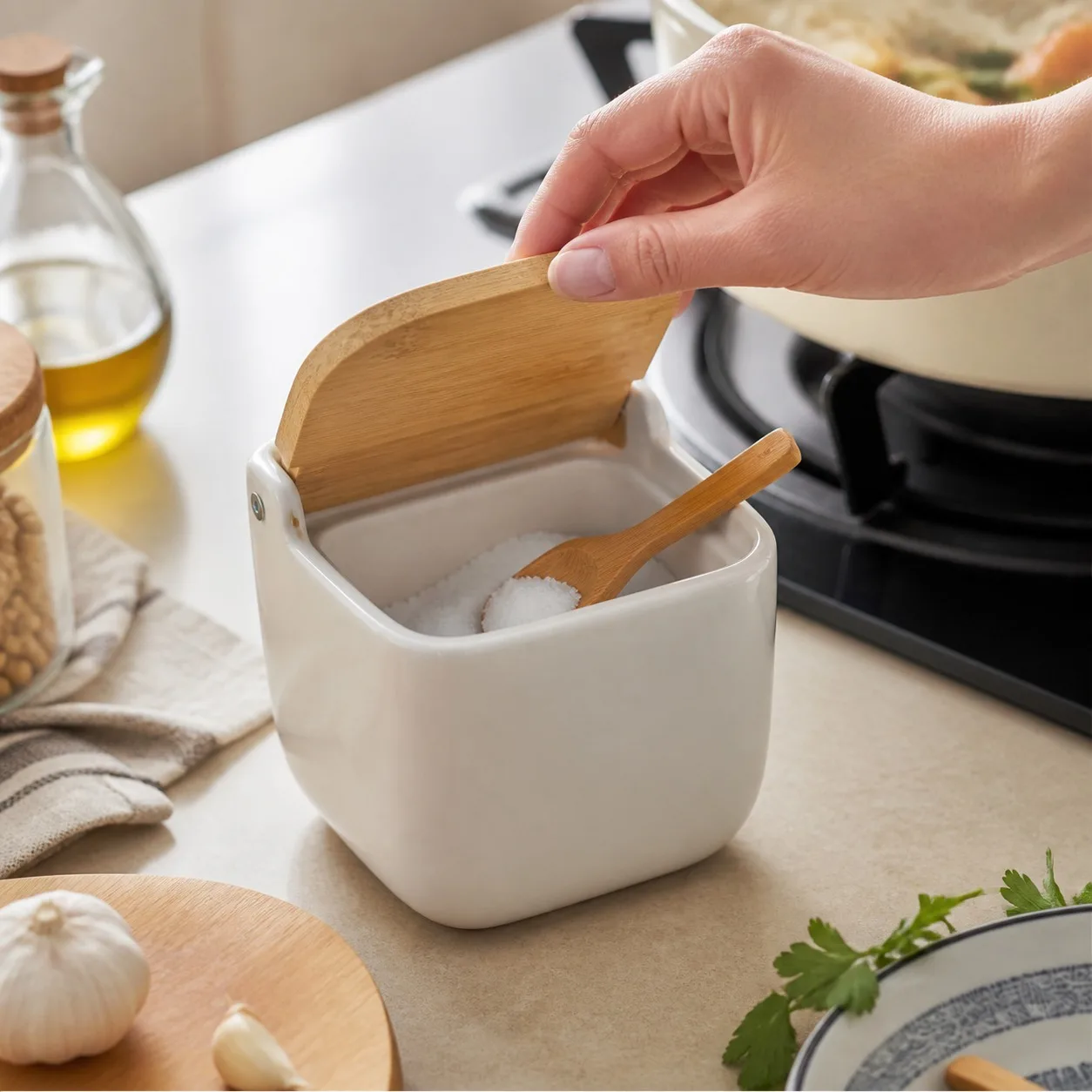 Salière en céramique blanche avec couvercle pliable en bambou, organisateur de cuisine moderne 12x12,5x11 cm, récipient à sel avec large ouverture et design élégant pour comptoir de cuisine