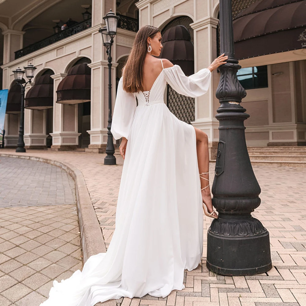 Elegant Spaghetti Straps Wedding Dresses for Women Full Sleeve Bridal Gowns with Chiffon 2024 Summer Side Slit Robe De Mariée