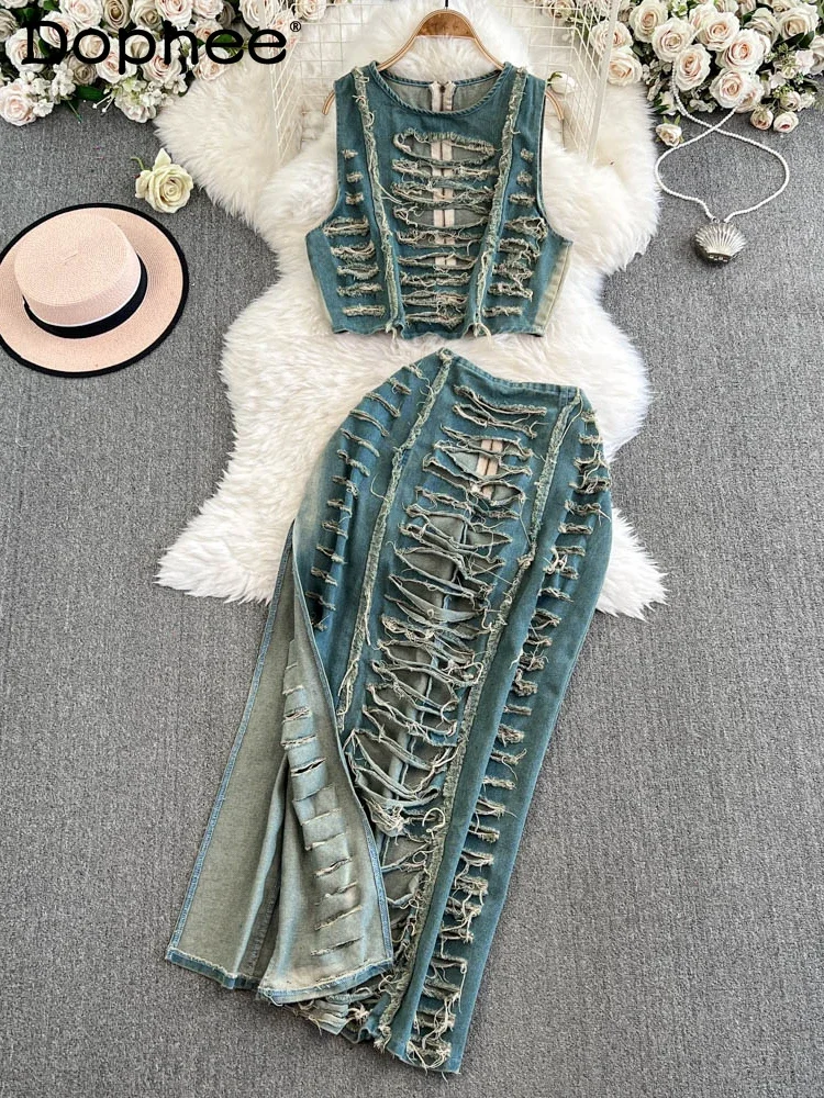 

Street Hipster Fashion Hollow Sexy Slim and Thin Vest + High Slit Denim Skirt Two-piece Sets Women Outfits 2025 Summer New