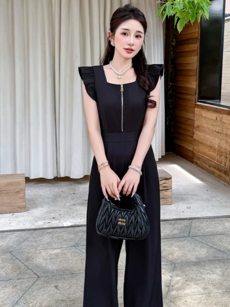 Monos de verano para mujer, peleles negros con mangas voladoras y cuello cuadrado, moda informal con cordones y cremallera frontal, ropa de calle general