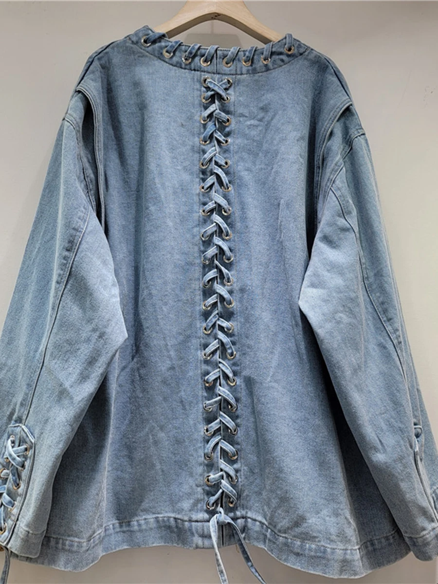 VGH Solid Spliced Pockets Loose Coats for Women V Neck Long Sleeve Patchwork Drawstring Design Sense Coat Female Fashion Style