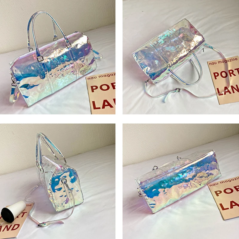 Sac de voyage coloré pour femme, bagage de fitness, sac de sport, fourre-tout transparent, sports de plein air, grande capacité, laser, loisirs