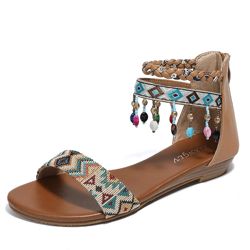 

Bohemian Roman Sandals Handmade Beaded Back Zipper Flat Shoes Ethnic Style New