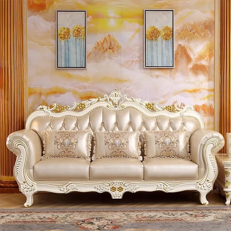 TAO European leather combination leather art ivory white U-shaped living room solid wood carved sofa luxury French 123 sofa