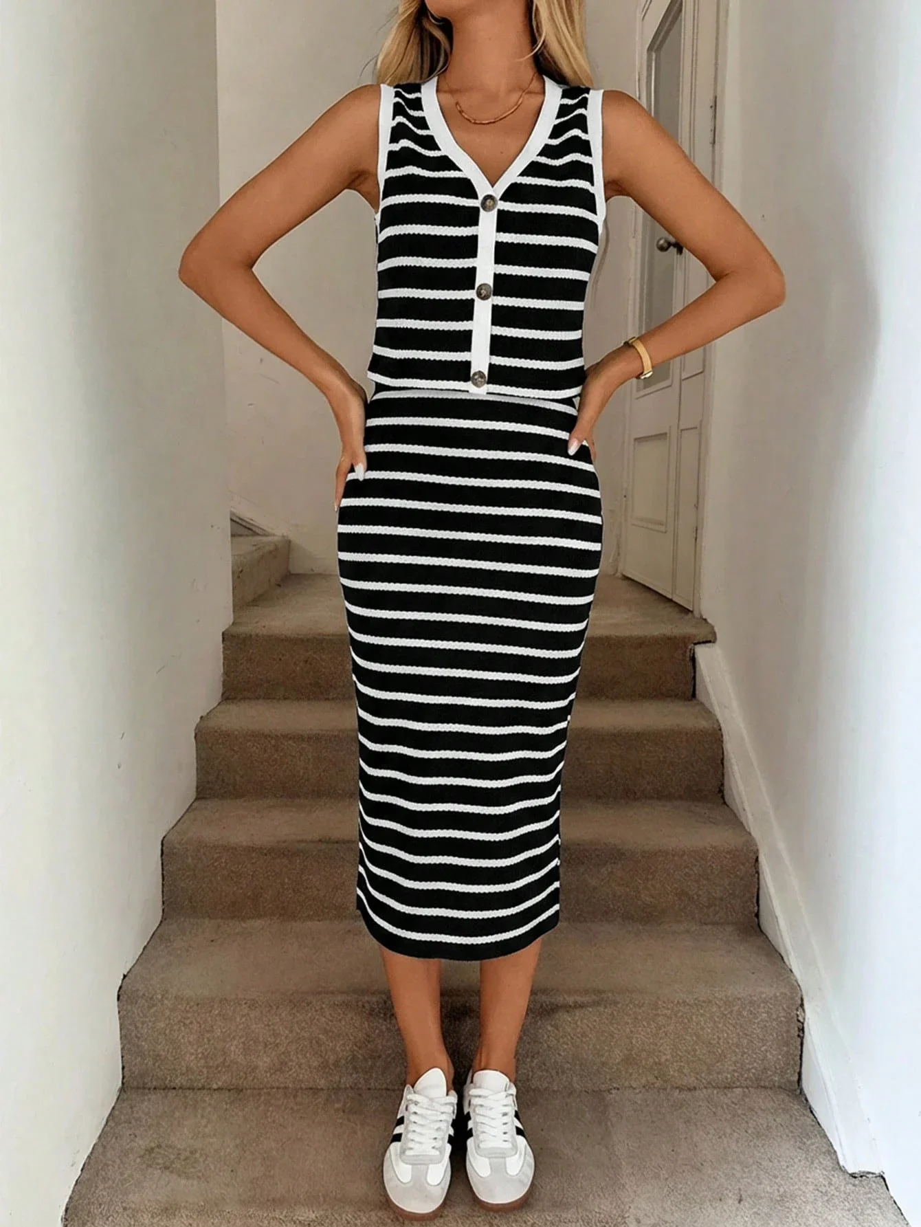 

Комплект из полосатого жилета без рукавов с пуговицами и облегающей юбки с боковым разрезом для женщин, повседневное летнее платье миди