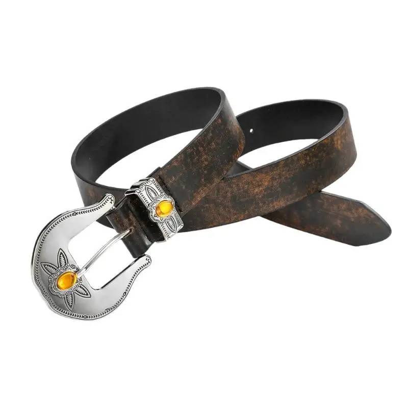 

A52E Vintage Rhinestones Buckle Belt for Women Men Distressed Waist Belt Adjustable PU Leather Belt Cool Western Waistband