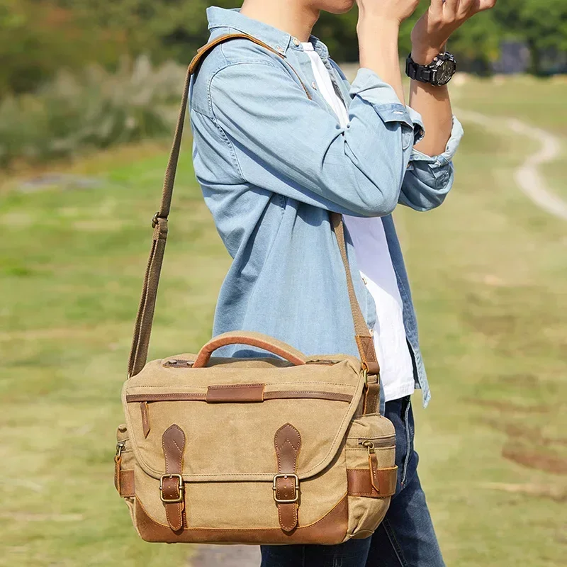 Retro Camera Bag Waterproof Photography DSLR Messenger Bag Large Capacity Waxed Canvas Briefcase Satchel Shoulder Bag