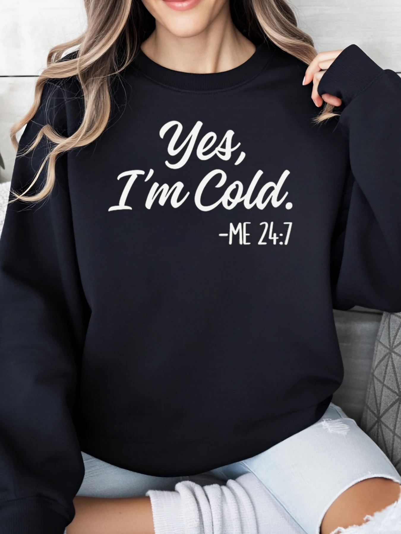 نعم أنا باردني 247 طباعة البلوز الشتاء المرأة لباس غير رسمي أسود حجم كبير