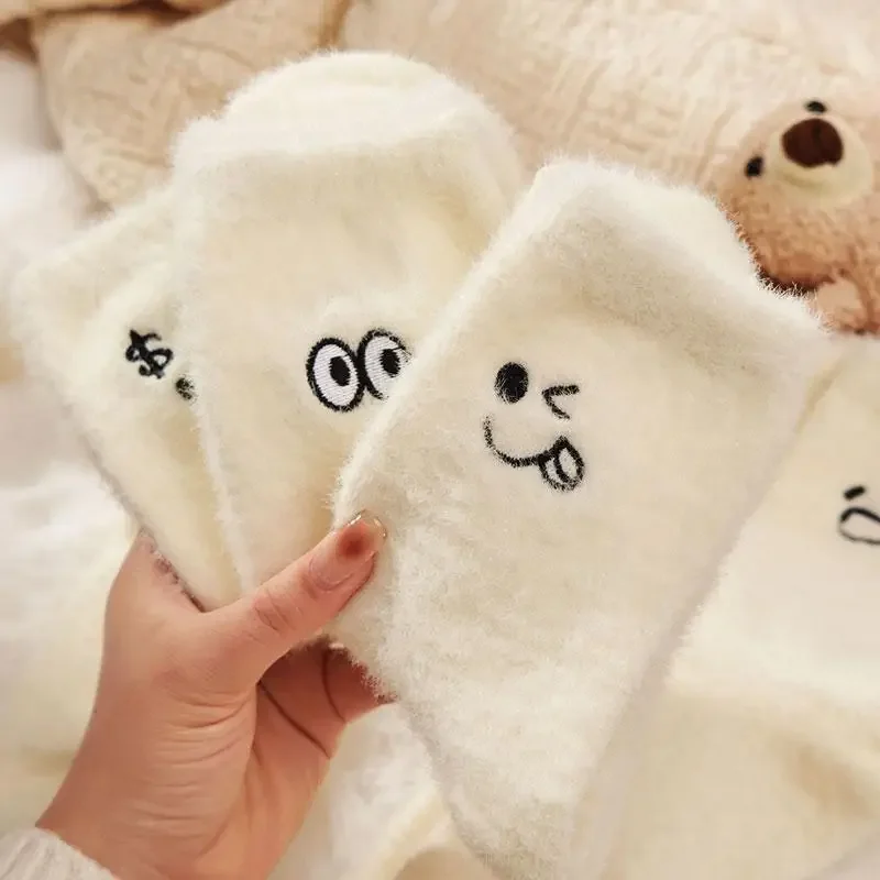 Women Funny Socks White Winter Warm Socks Smile Cute Kawaii Anime Floor Socks Lolita Y2k Thicken Fuzzy Socks