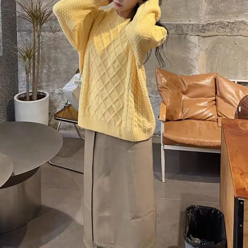 Gentle Yellow Loose Knitted Pullovers Women's Clothing Casual Round Neck Autumn Winter Solid Color Korean Long Sleeve Sweaters