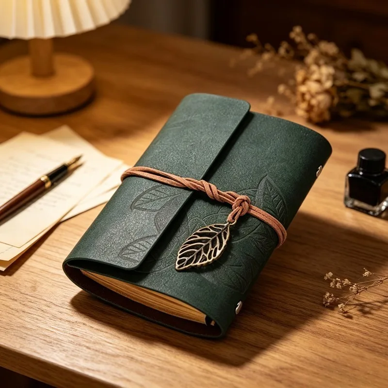 Vintage Leaf Embossed Loose‑Leaf Journal, Pocket‑Size Sketchbook with Pendant & Gift Tag, Travel Diary for School & Office view 3
