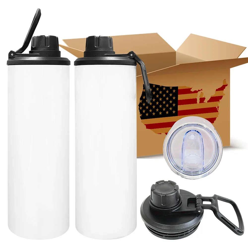 20oz skinny straight stainless steel White sublimation blanks Handle coffee water travel Leak proof sports bottle with two lids