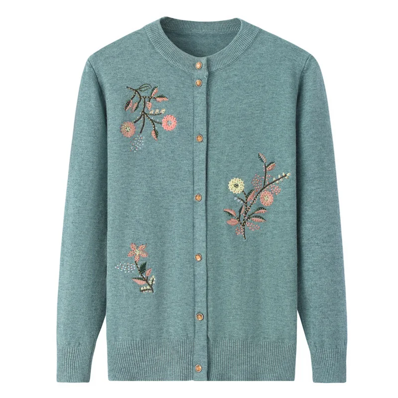 Fdfklak Old Grandma Sweater Women Spring Autumn Embroidery Cardigan Winter Round Collar Coat Single-breasted Female Branch 4XL