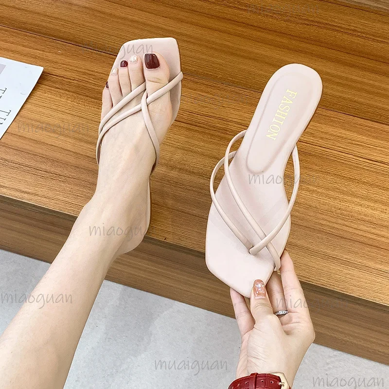 Summer Women Flats Flip Flops Simple Thin Strap Square Toe Indoor Shoes for Women Casual Candy Color Slides Shoes Large Size