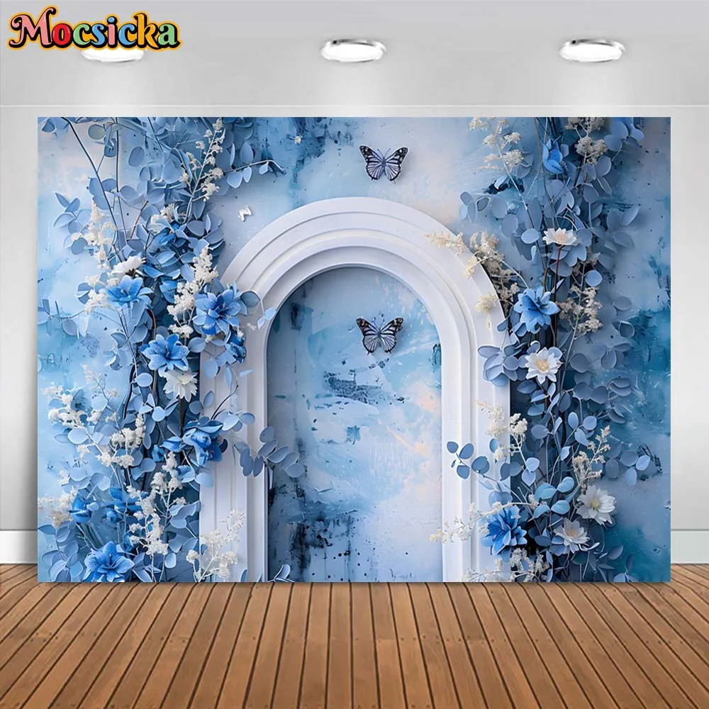 Mocsicka Photography Background Vintage Arch Door Flower Butterfly Blue Wall Art Portrait Photo Backdrop Studio Photoshoot Props