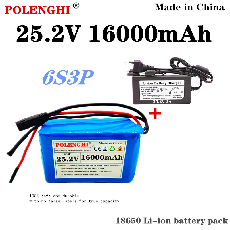 POLENGHI 100% high-quality 6s3p 24V 18650 lithium-ion battery pack 25.2 V 16000mAh electric bicycle, light motorcycle+charger