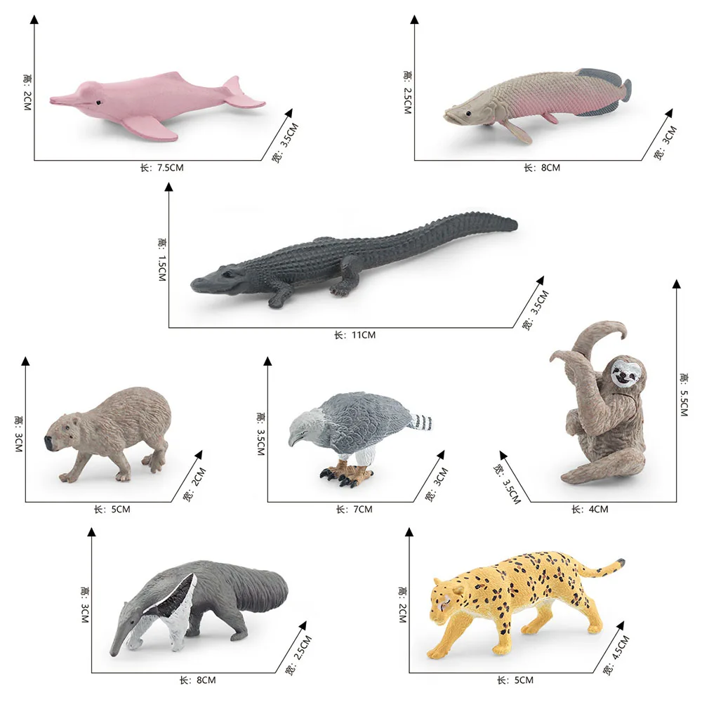 8Pcs Mini South American Animals Figures Caiman Capybara Sloth Anteater Jaguar Figurines PVC Toy For Kids